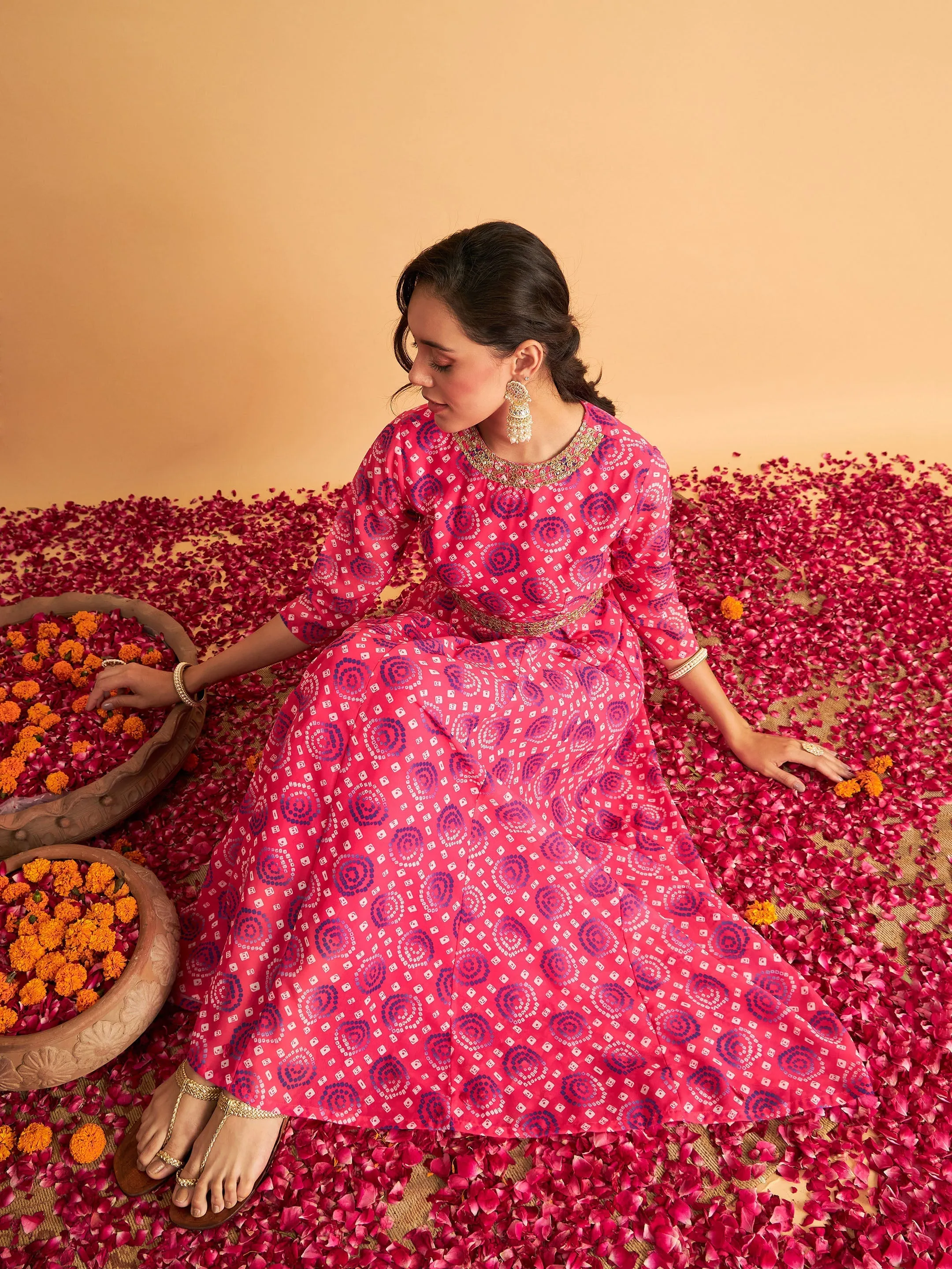 Women Fuchsia & Blue Bandhej Anarkali Dress