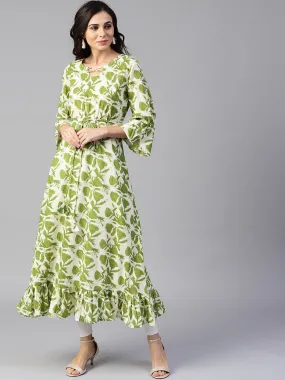 Women Green & Off-White Printedkurta