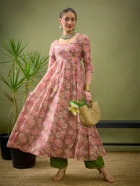 Women Mauve Chanderi Floral Anarkali Maxi Dress