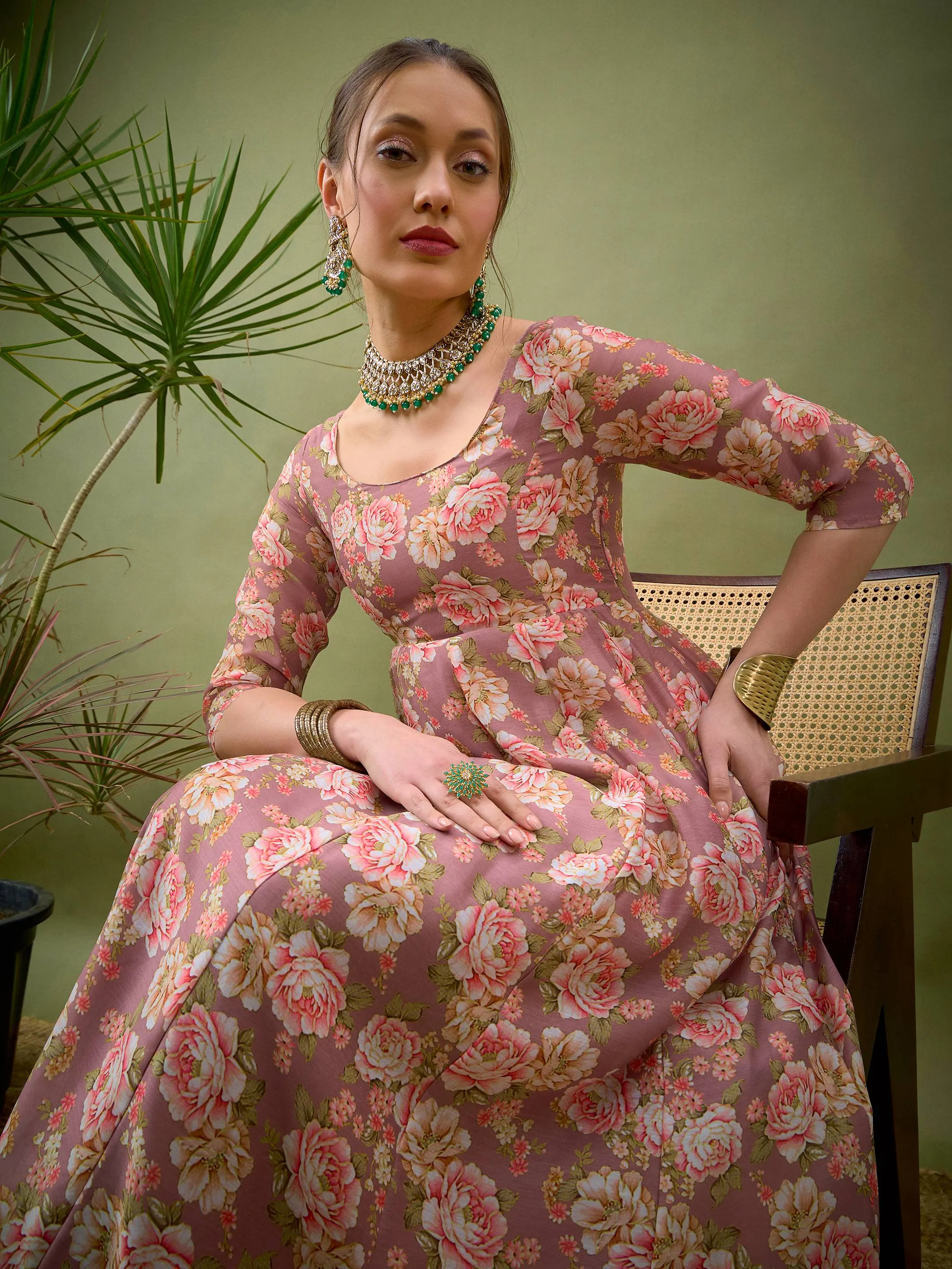 Women Mauve Chanderi Floral Anarkali Maxi Dress