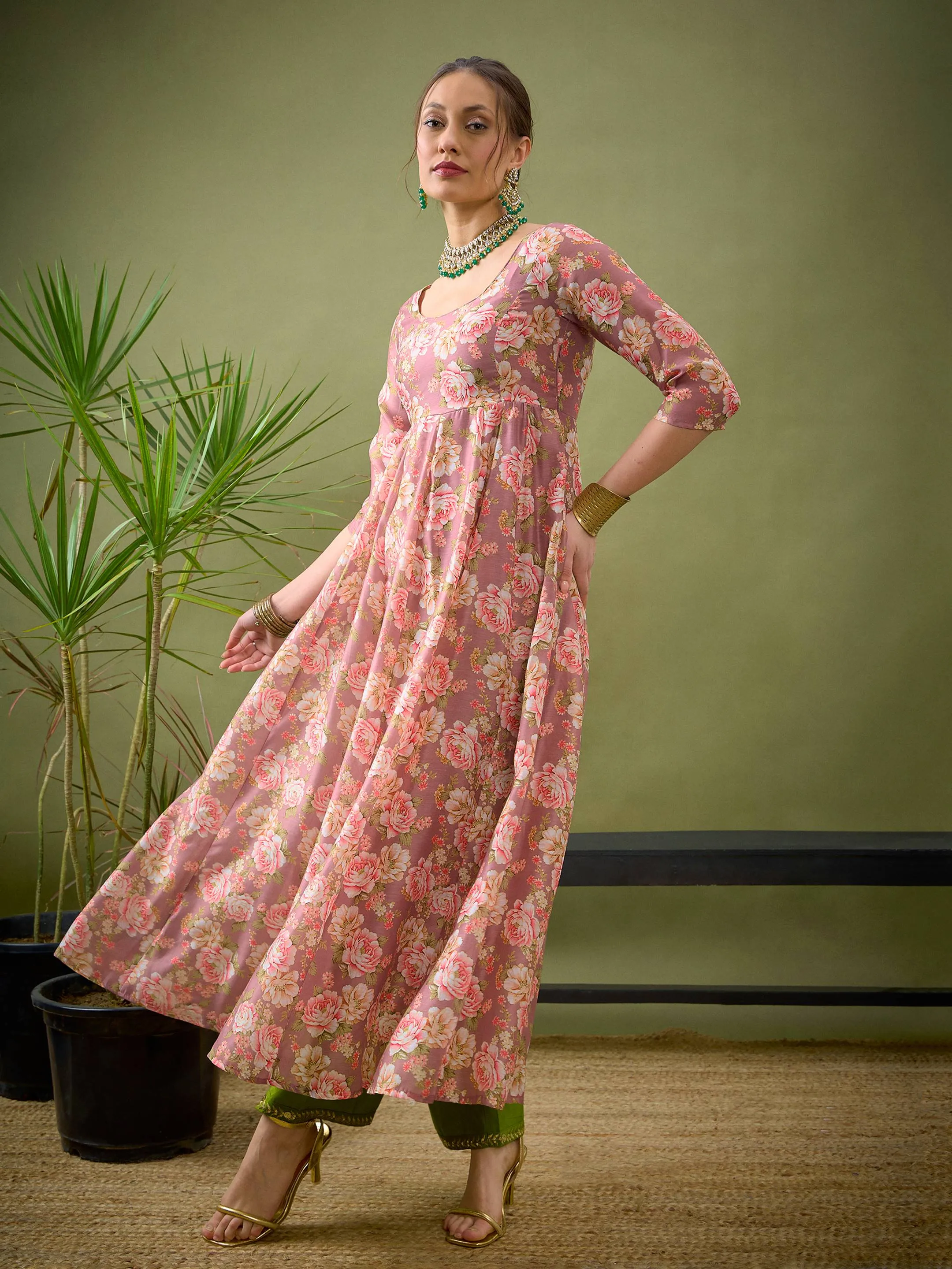 Women Mauve Chanderi Floral Anarkali Maxi Dress