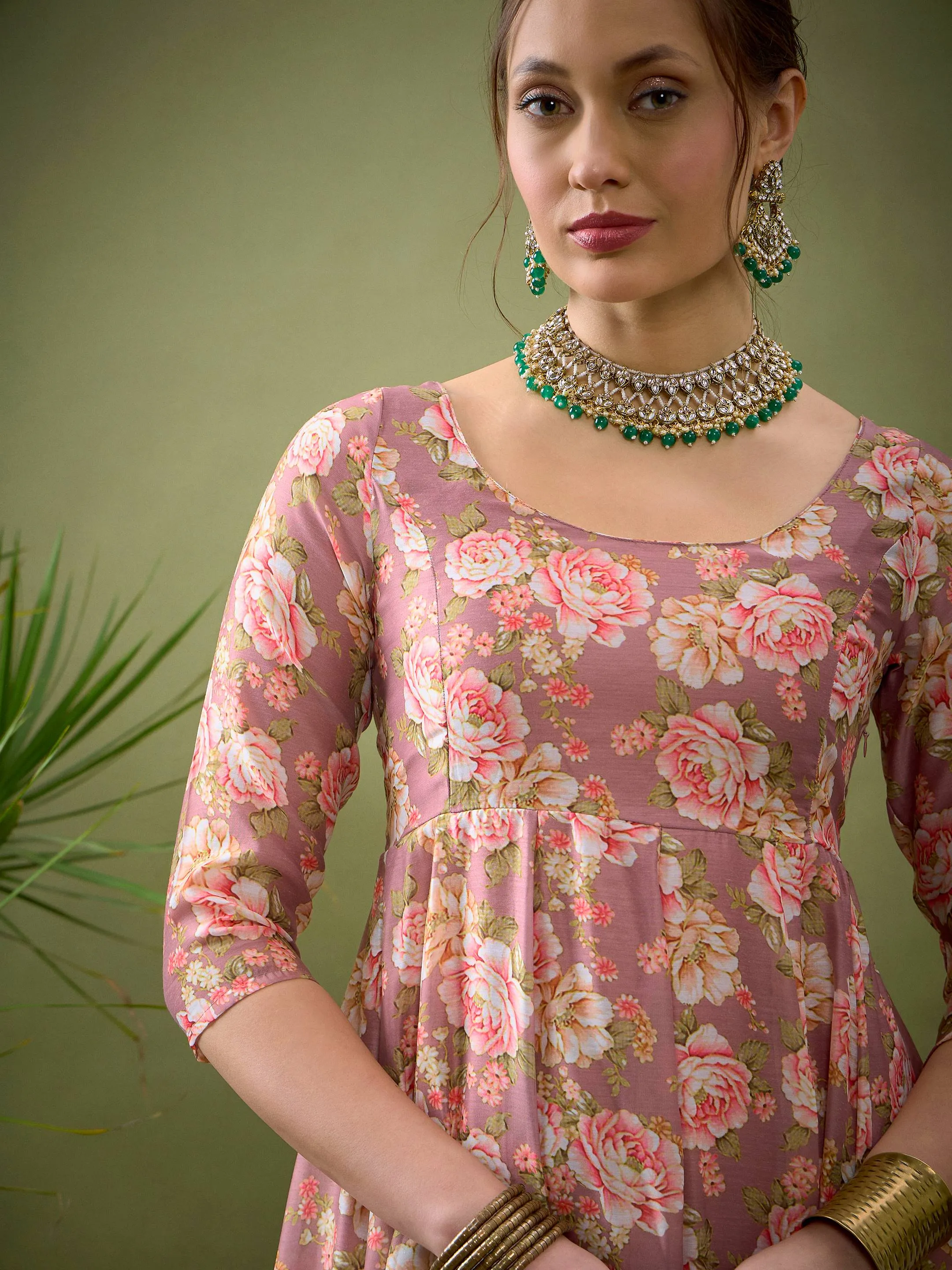 Women Mauve Chanderi Floral Anarkali Maxi Dress