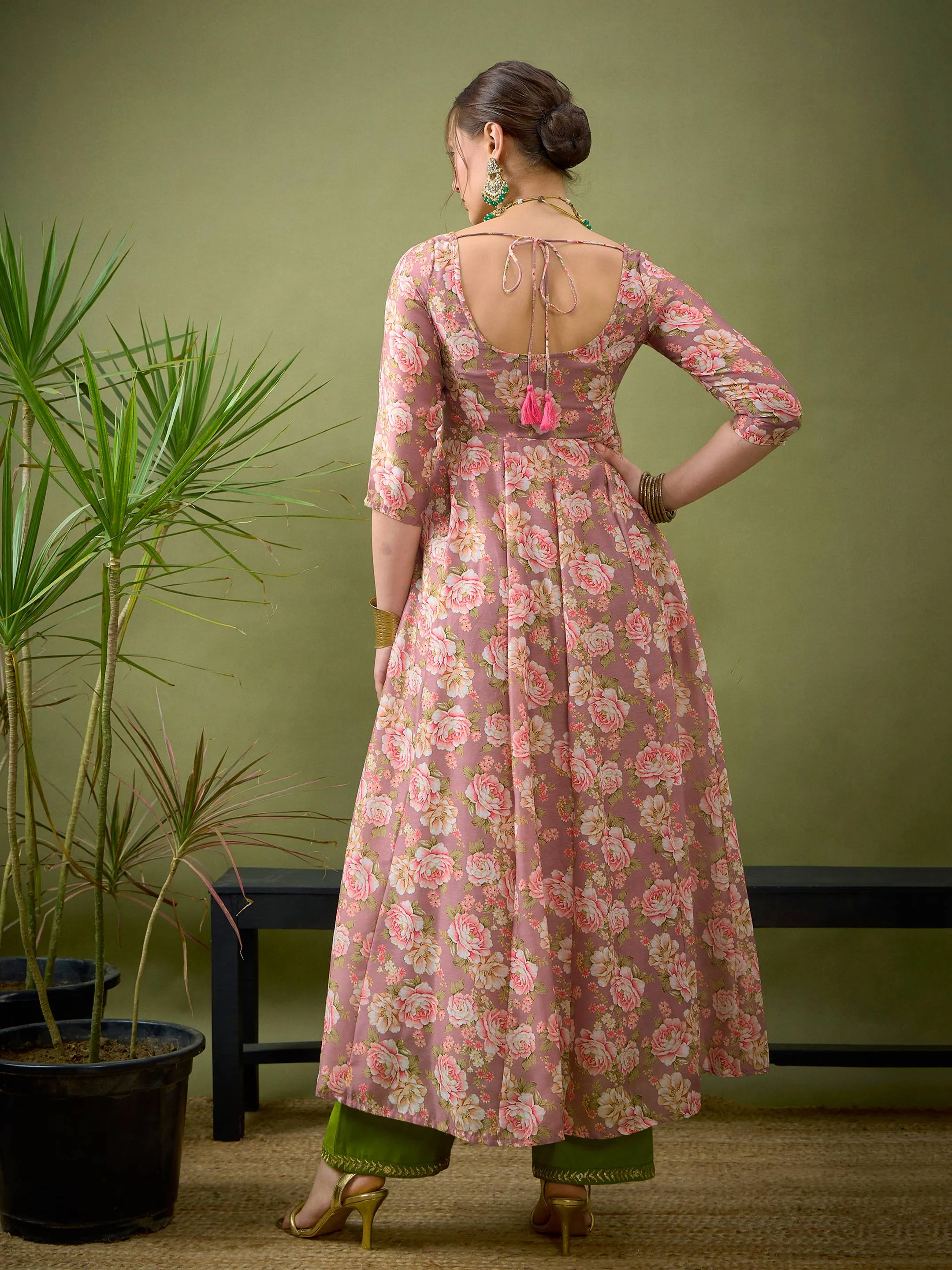 Women Mauve Chanderi Floral Anarkali Maxi Dress