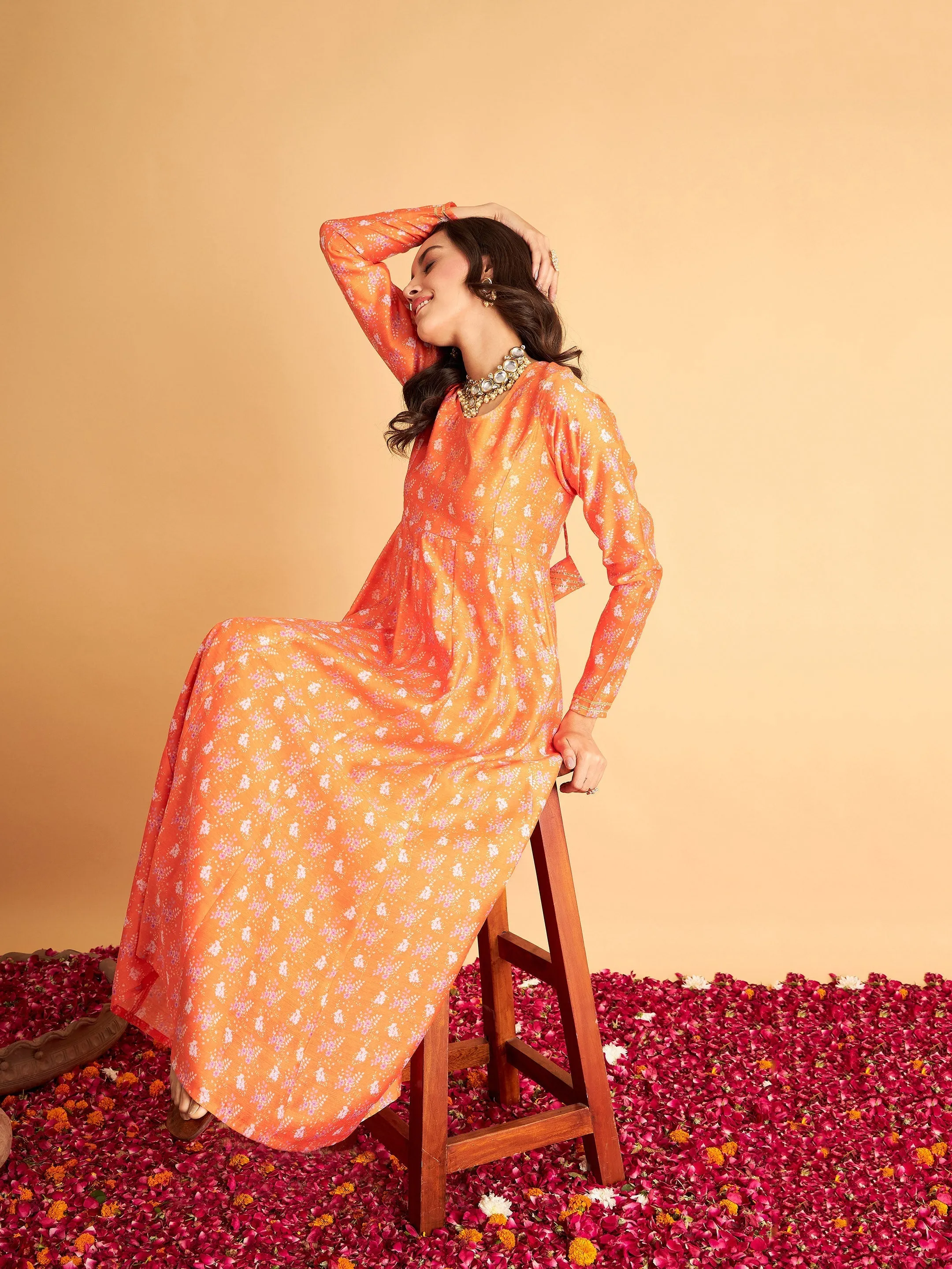 Women Orange Floral Anarkali Maxi Dress