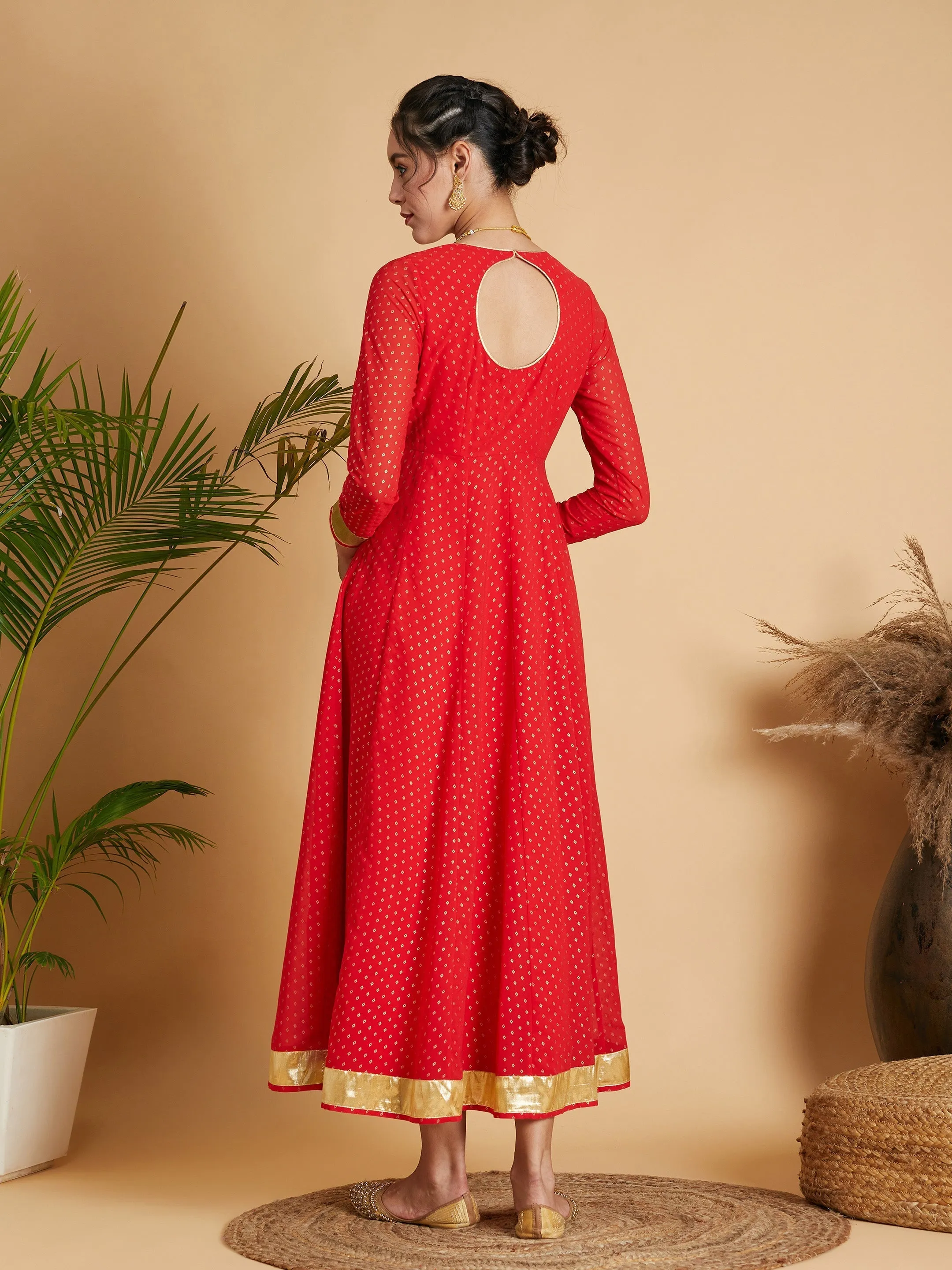 Women Red Dot Foil Print Anarkali Dress