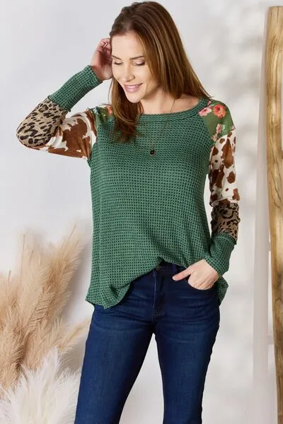 Women's Hailey & Co Full Size Waffle-Knit Leopard Blouse
