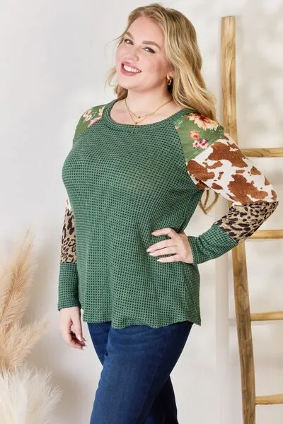 Women's Hailey & Co Full Size Waffle-Knit Leopard Blouse