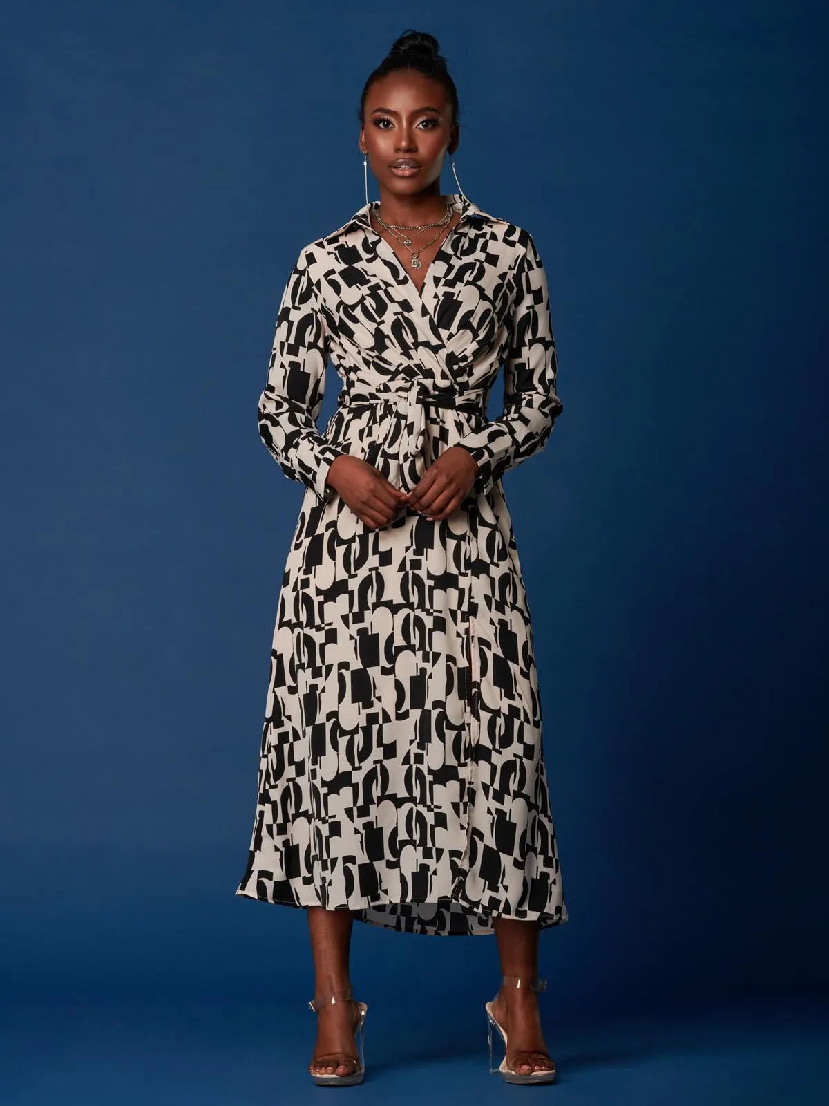 Wrap Detail Shirt Maxi Dress, Cream/Black