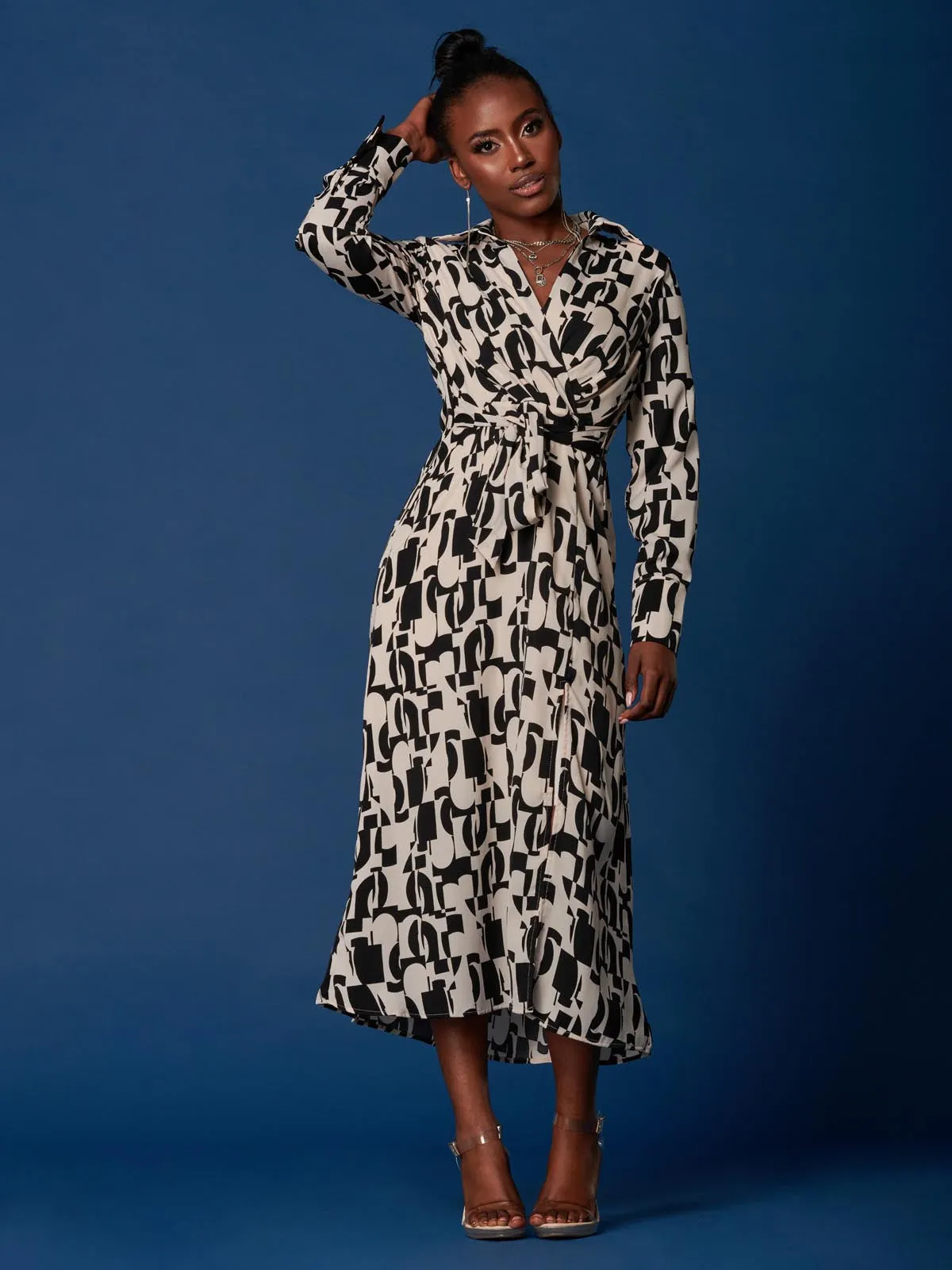 Wrap Detail Shirt Maxi Dress, Cream/Black
