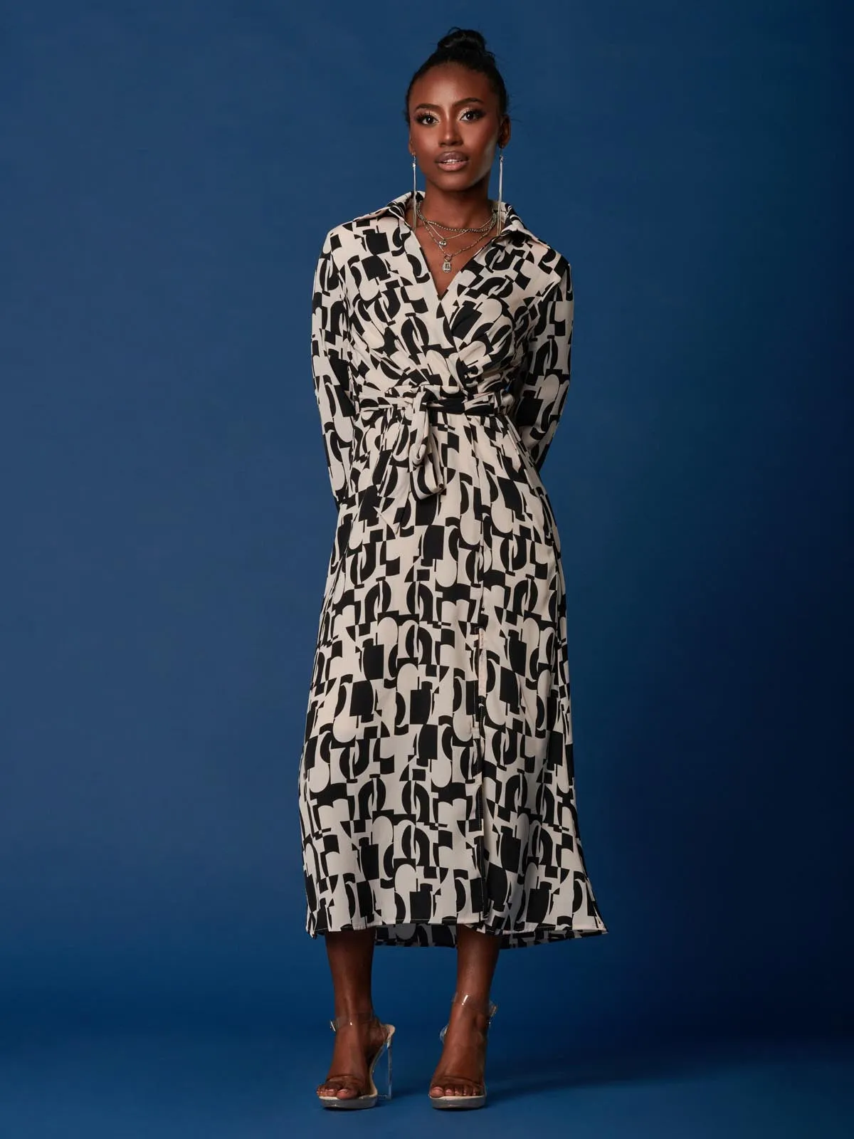 Wrap Detail Shirt Maxi Dress, Cream/Black